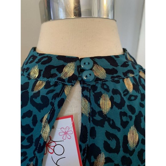 Cheetah Blouse Ruffle High Neck Turquoise Gold S NWT long sleeve animal Print - Picture 9 of 11